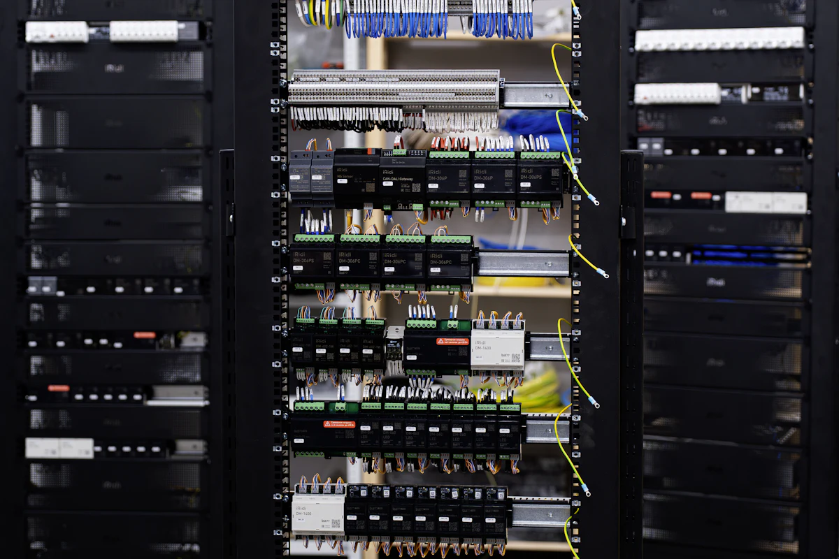 Open electrical control cabinet with wiring, relays and circuit breakers